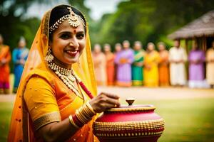 une femme dans traditionnel Indien tenue en portant une pot. généré par ai photo