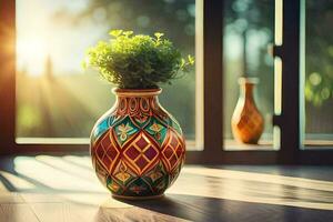 une vase avec une plante dans il sur une en bois sol. généré par ai photo