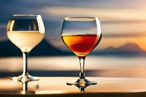 deux du vin des lunettes avec du vin sur une table dans de face de le océan. généré par ai photo