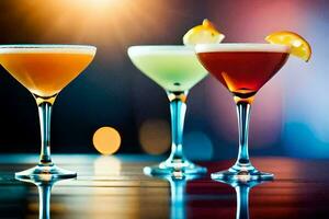 Trois différent des cocktails sur une tableau. généré par ai photo