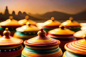 coloré des pots avec une le coucher du soleil dans le Contexte. généré par ai photo