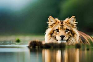 une Lion est pose dans le l'eau. généré par ai photo