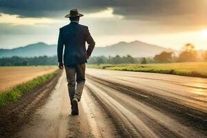 une homme dans une costume et chapeau des promenades vers le bas une saleté route. généré par ai photo