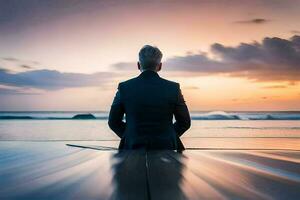 une homme dans une costume séance sur une Dock à le coucher du soleil. généré par ai photo