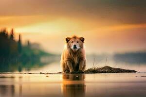 une Lion séance sur le rive de une Lac à le coucher du soleil. généré par ai photo