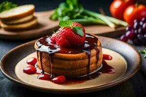 une empiler de Crêpes avec des fraises et sirop. généré par ai photo