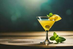 une martini avec citron et menthe sur une en bois tableau. généré par ai photo