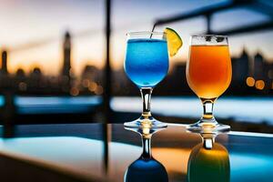 deux les boissons sont séance sur une table avec une ville horizon dans le Contexte. généré par ai photo