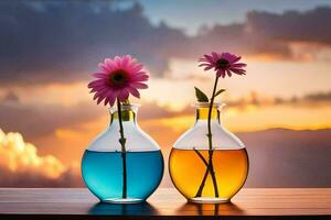 deux des vases avec fleurs dans leur sur une table avec une le coucher du soleil dans le Contexte. généré par ai photo