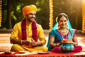 Indien mariage couple dans traditionnel tenue. généré par ai photo