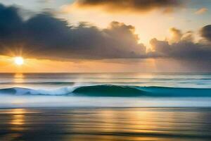 une magnifique le coucher du soleil plus de le océan avec vagues. généré par ai photo