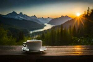 une tasse de café sur une en bois table surplombant une Montagne gamme. généré par ai photo