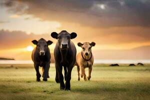 Trois vaches en marchant dans le herbe à le coucher du soleil. généré par ai photo