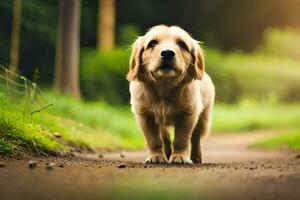 une d'or retriever chiot en marchant vers le bas une saleté route. généré par ai photo