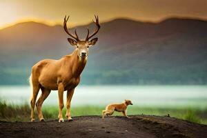 une cerf et une Renard permanent sur le côté de une Montagne. généré par ai photo