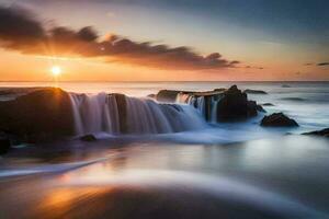 une magnifique le coucher du soleil plus de une cascade dans le océan. généré par ai photo