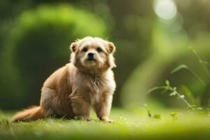 une chien séance sur le herbe dans le Soleil. généré par ai photo