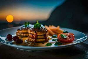 nourriture sur une assiette à le coucher du soleil. généré par ai photo