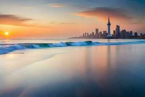 le Soleil ensembles plus de une ville horizon et vagues sur le plage. généré par ai photo