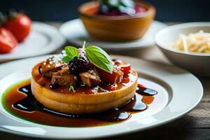 une assiette avec une plat de nourriture sur il. généré par ai photo