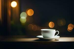 une tasse de café sur une table dans de face de une flou Contexte. généré par ai photo