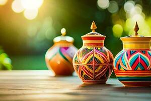 Trois coloré des vases sur une en bois tableau. généré par ai photo