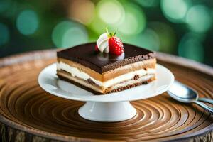 une pièce de gâteau sur une assiette avec une fourchette. généré par ai photo