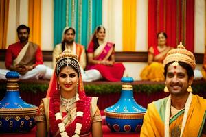 une la mariée et jeune marié dans traditionnel Indien tenue. généré par ai photo