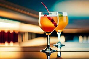 deux des lunettes de Orange boisson asseoir sur une tableau. généré par ai photo