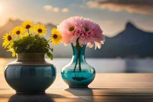 deux des vases avec fleurs sur une en bois tableau. généré par ai photo