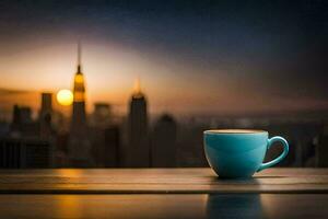 café tasse sur le table avec ville dans le Contexte. généré par ai photo