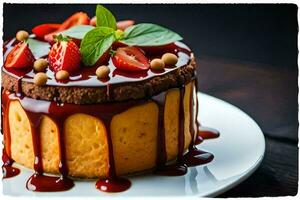 une gâteau avec Chocolat sauce et des fraises sur Haut. généré par ai photo