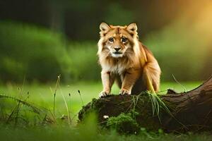 une Lion séance sur une arbre souche dans le herbe. généré par ai photo