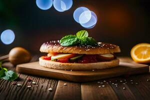 une sandwich avec fruit et menthe sur une en bois tableau. généré par ai photo