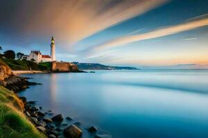 une phare des stands sur le rive de une corps de l'eau. généré par ai photo