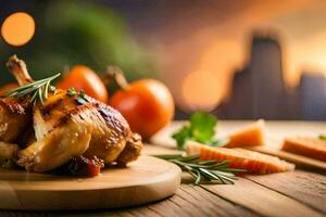 poulet sur une en bois Coupe planche avec Orange tranches et herbes. généré par ai photo