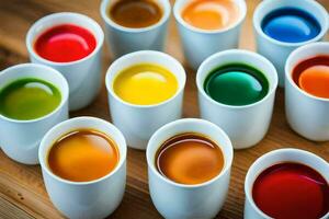 une groupe de tasses avec différent coloré liquides. généré par ai photo