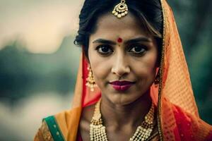 une magnifique Indien femme portant traditionnel bijoux. généré par ai photo