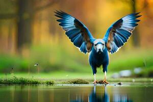 une bleu oiseau avec ses ailes propager dehors. généré par ai photo