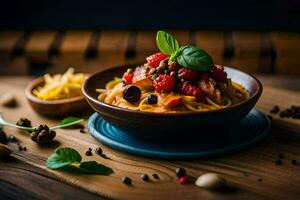 spaghetti avec tomates et basilic sur une en bois tableau. généré par ai photo