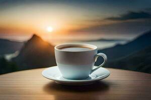 café tasse sur le table avec le Soleil réglage plus de le montagnes. généré par ai photo