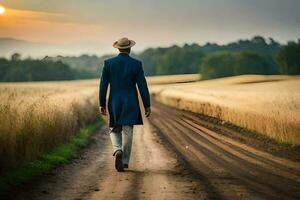 une homme dans une bleu costume et chapeau des promenades vers le bas une saleté route. généré par ai photo