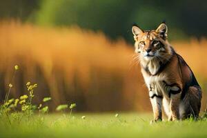 une Lynx est séance dans le herbe. généré par ai photo