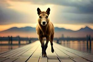 une cheval en marchant sur une Dock à le coucher du soleil. généré par ai photo