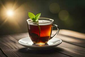 une tasse de thé avec une feuille sur le soucoupe. généré par ai photo