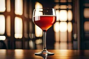 une verre de rouge du vin sur une en bois tableau. généré par ai photo