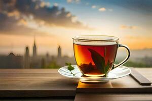 une tasse de thé sur une en bois table avec une paysage urbain dans le Contexte. généré par ai photo