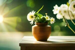 une vase avec blanc fleurs sur une tableau. généré par ai photo