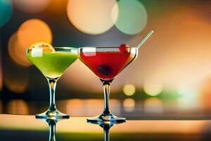 deux des cocktails sur une table avec flou lumières. généré par ai photo