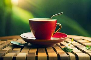 une tasse de café sur une en bois tableau. généré par ai photo